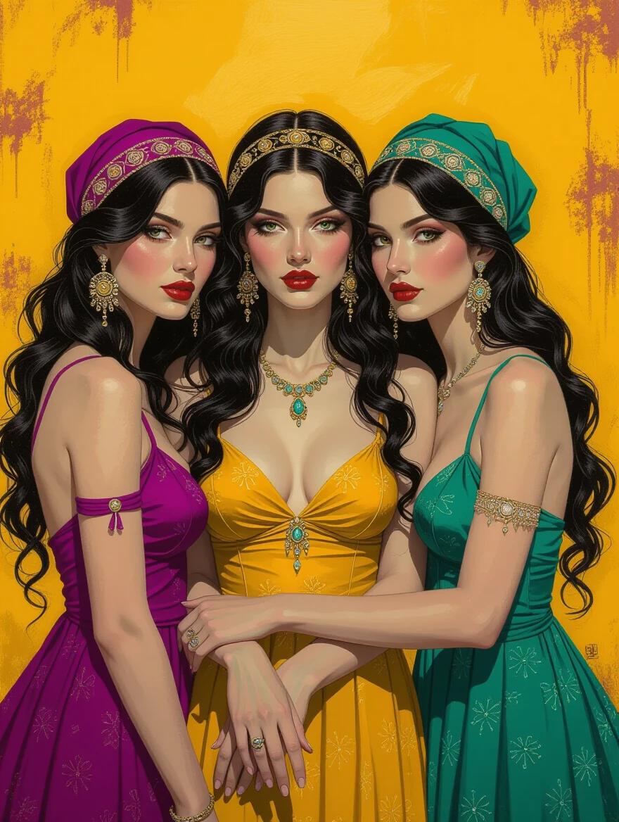 Surreal portrait featuring three exquisite gypsies wearing colorful dresses. Background in yellow ocher and burnt sienna. Focus on intricate details and hyper-realistic features.