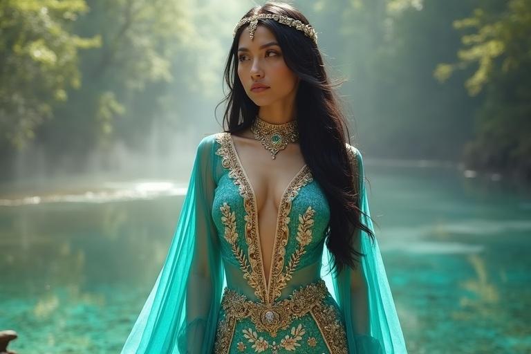 A tall white skin princess in a turquoise Arabian outfit stands by a lake in a glowing forest. The outfit features ornate gold embroidery, shimmering sequins, and sheer overlay pants with intricate floral patterns. She has shiny black hair and a deep V-neckline bordered with gold trim. A jeweled headpiece adorns her head. She looks breathless as she sees a unicorn beside the lake.