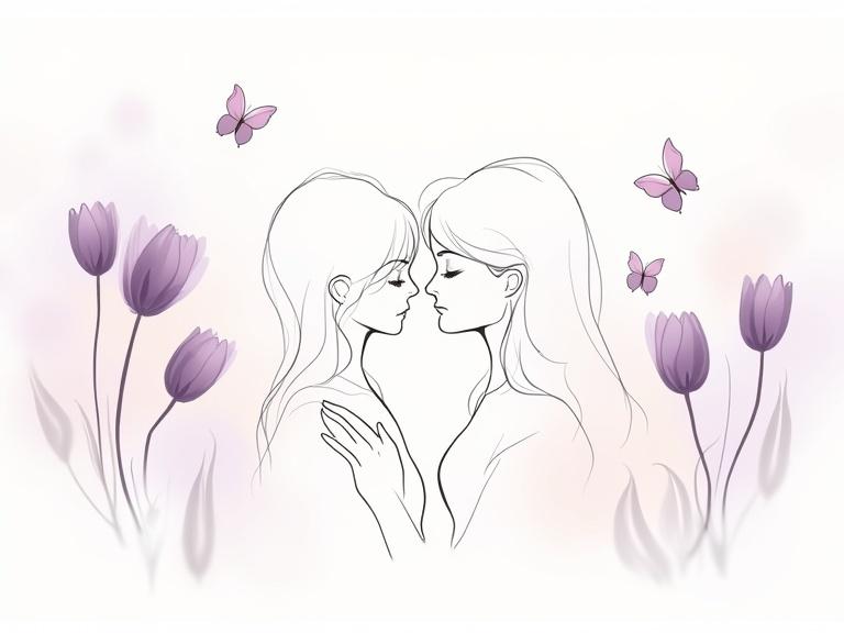 Minimalist line-art drawing of a mother and child facing each other. Surrounded by abstract tulips and butterflies. Colors in light lavender and blush tones.