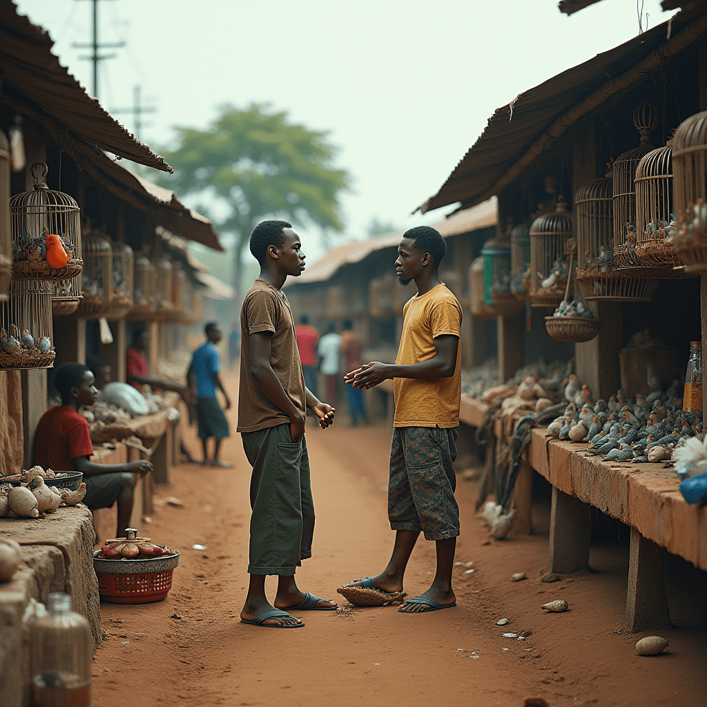 Two men converse in a bustling open-air market lined with bird cages and goods.