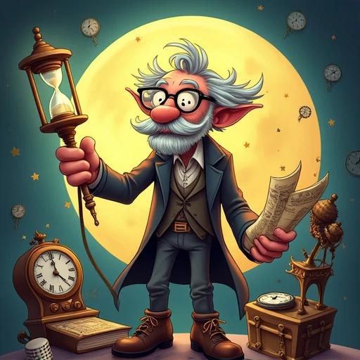 A quirky professor with glasses and pointy ears stands holding a magic hourglass. Scrolls are under one arm and a vintage microphone in hand. Clocks and gears are surrounding him. A glowing moon fills the background. Cartoon style with steampunk features.