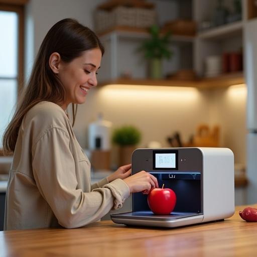 Realistic 3D food printer in a cozy modern kitchen. A lifelike red apple being printed. Smiling person interacts with the printer. Casual home clothes. Warm natural lighting. Wooden countertops. Clean and minimalistic design. Close-up shot of an inviting scene.