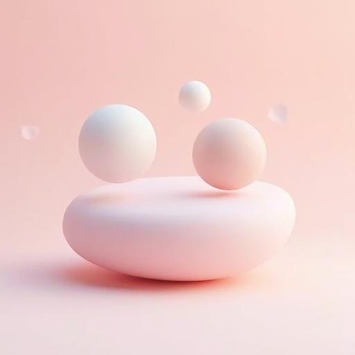 Minimal 3D illustration with soft rounded shapes and muted colors. Simple lighting highlights floating objects in a vaporwave minimalism style.