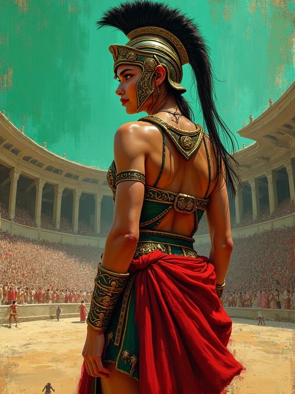 Disney style illustration of a Spartan warrior in an arena. The character wears intricate bejeweled armor with a flowing red garment. A crowd is visible in the background, adding a grand atmosphere. The art features thick brushstrokes and vivid textures reminiscent of Post-Impressionism.