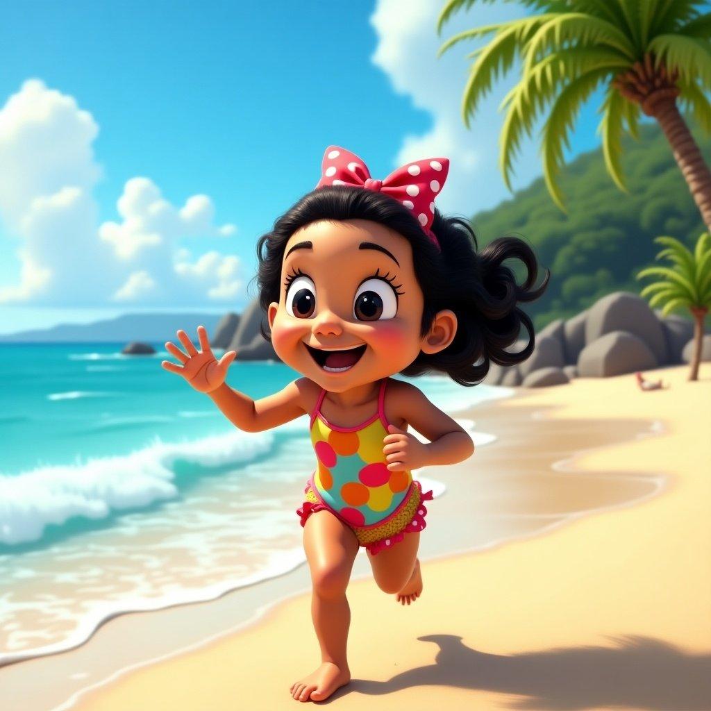 A joyful animated girl runs on the beach wearing a colorful swimsuit. Palm trees and ocean waves are in the background. The scene is bright and vibrant.