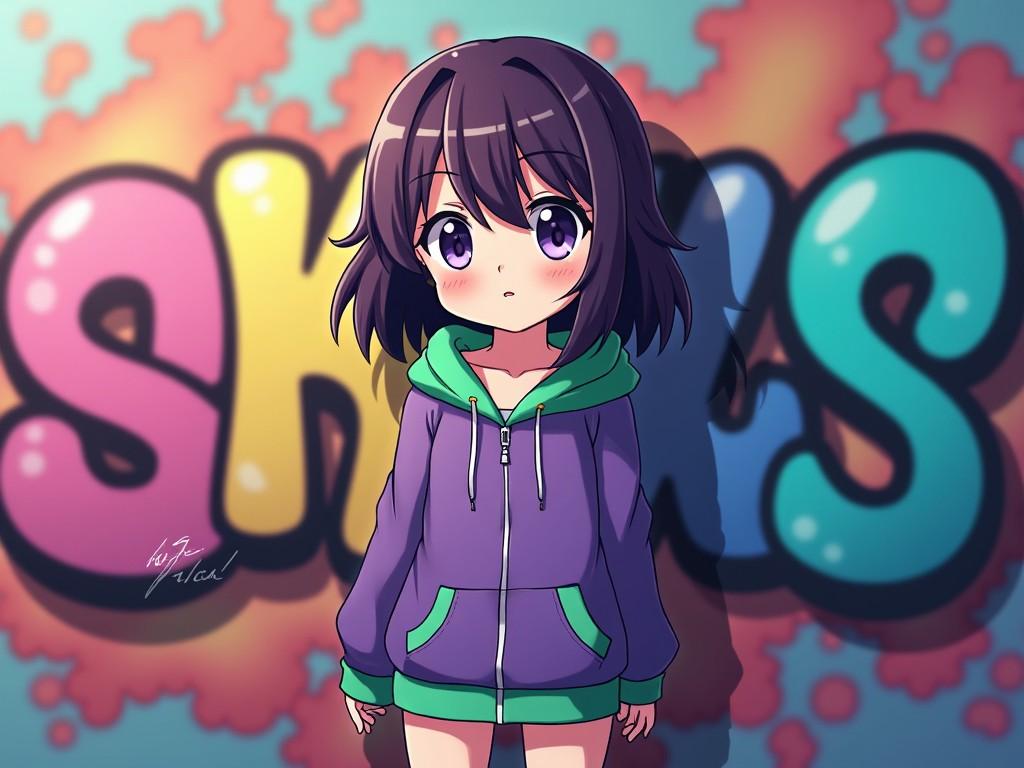 The image features a cute anime character with dark purple hair, standing in front of a colorful graffiti backdrop. She is wearing a stylish purple and green hoodie, which contrasts with the bright colors behind her. The graffiti is vibrant and playful, adding to the overall cheerful atmosphere of the composition. The character has a shy expression, evoking a sense of innocence and charm. This artwork showcases a blend of modern anime style and street art. The colors are bright, attracting attention and creating a lively vibe.