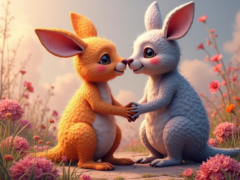 Two adorable rabbits in a colorful meadow. One rabbit is orange and the other is white. Both rabbits are holding paws and gazing into each other's eyes. Surrounding them are blooming flowers. The scene is infused with a warm and magical glow.