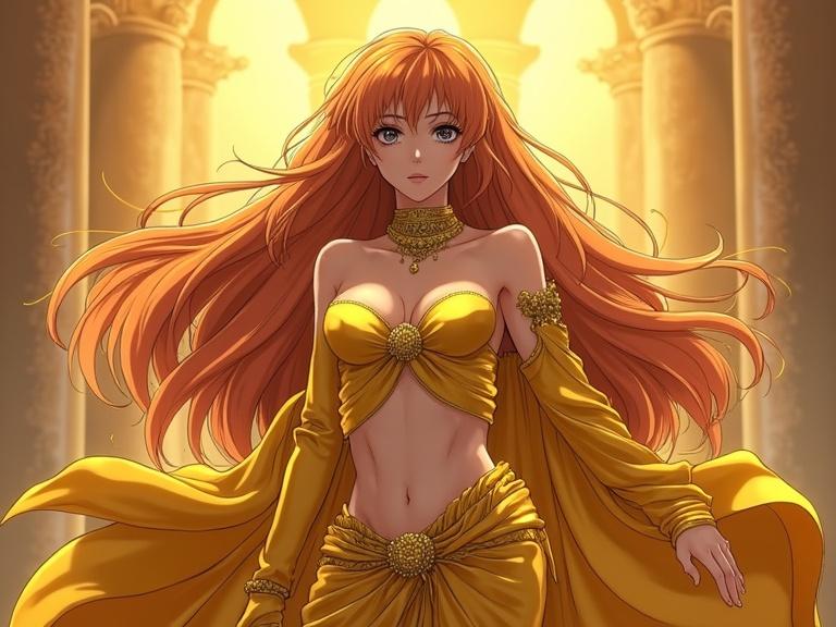 Detailed illustration of a beautiful woman wearing gold cloth. Inspired by anime style, character exudes strength and beauty. Long orange hair flowing elegantly. Background features soft, warm lighting enhancing her majestic presence.