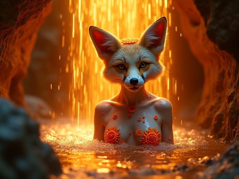 Anthropomorphic fox in a golden waterfall scene. Floral patterns glow on the fox. Cave walls have geometric neon designs. Photography captures depth and natural lighting. Modesty is preserved. Solo focus on an enchanting character.
