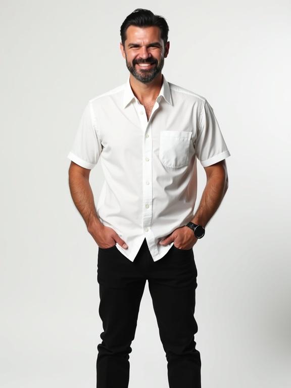 A man stands in a white short-sleeved shirt with a pocket. Black hair is slicked back. He is grinning and wearing black pants. Arms are at his sides, hands on hips. He has bare feet but leather shoes on. The expression is serious, and the head is tilted slightly. Background is plain and neutral. Age appears to be around 60.