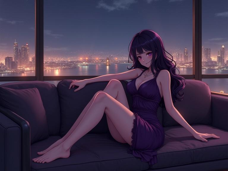 Anime-style woman with long violet hair seated on a sofa in a lounge. She has an elegant dress with embellishments. The lounge has ambient lighting and large windows showing a city nightscape. The scene feels sophisticated and peaceful.
