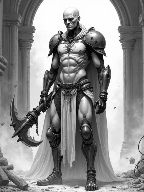 A biomechanical cybernetic warrior stands in ruined cathedral. The warrior has minimal armor, exposed synthetic flesh, and a mechanical arm fused with a weapon. The background features fog and decaying structures. Style is black-and-white manga, detailed and influenced by body horror.