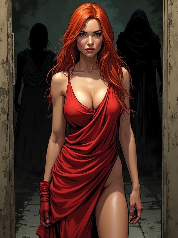 A female figure in a dramatic comic book style. Light-skinned woman with long red hair flowing around her. Dressed in red cloth draped across her midriff. Calm and serious expression. Slender athletic build. Slightly angled towards the viewer. Dark background with shadowed figures and rough floor. Comic book style with bold lines and distinct shading. Focused lighting highlighting her figure.