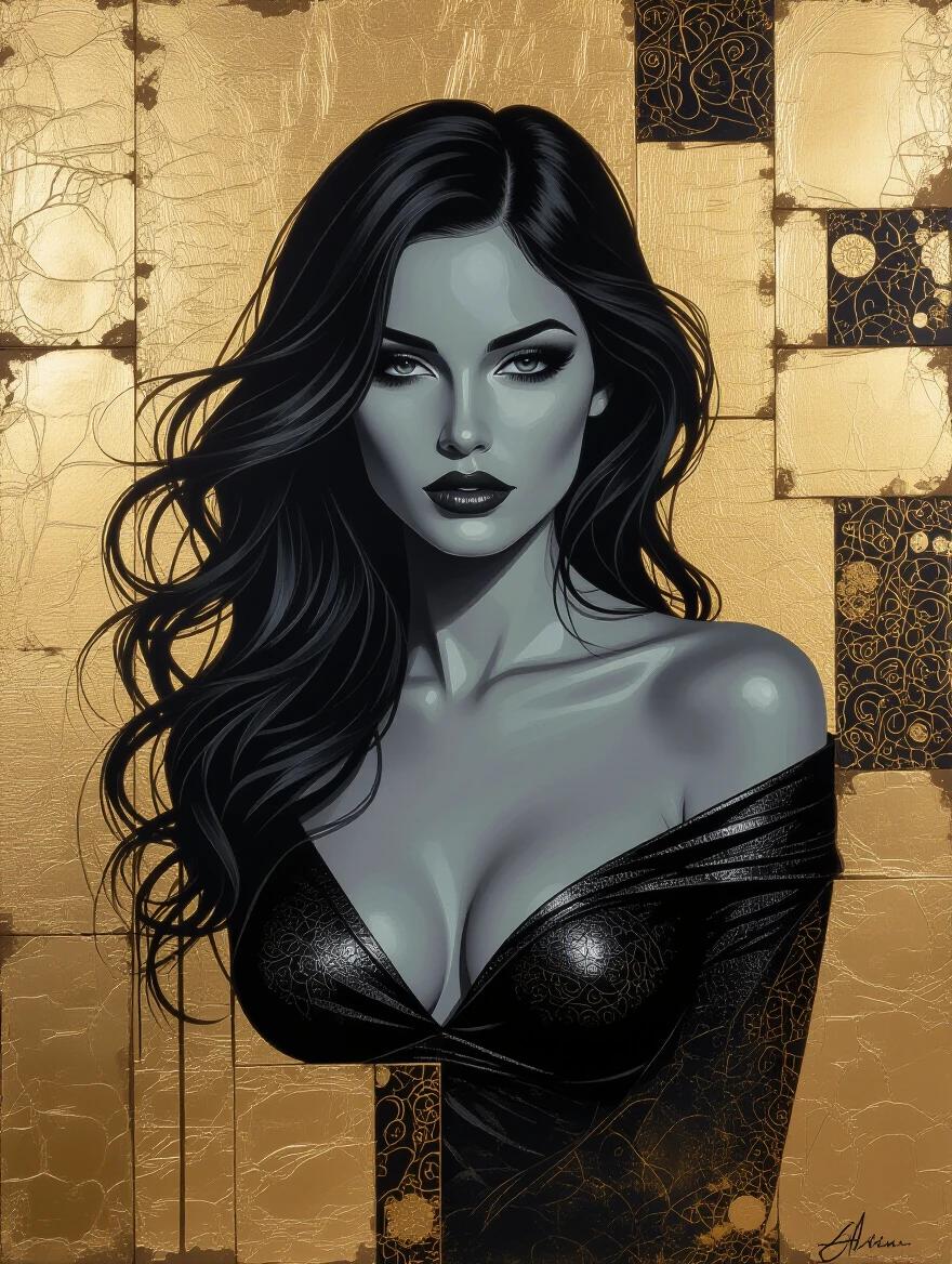 Contemporary chiaroscuro technique used. Mysterious nude portrait features a female figure. Dramatic textured backdrop includes gold leaf fabric and metallic tiles. Hues of charcoal and gold with swirls and filigree accents.
