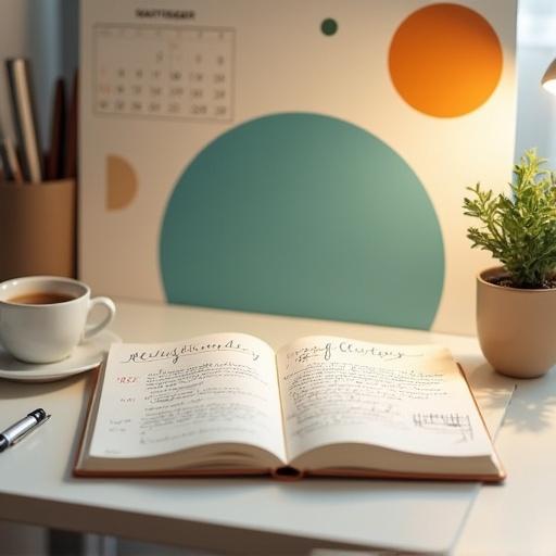 Elegant minimalistic journal lies open on a desk. Handwritten notes and doodles under the title Weekly Reflections. Warm ambient light shines softly. A nearby cup of tea or coffee. Background includes a calendar, pens, and a small potted plant. Evokes calm focus and mindfulness. Soft neutral tones with a clean aesthetic.