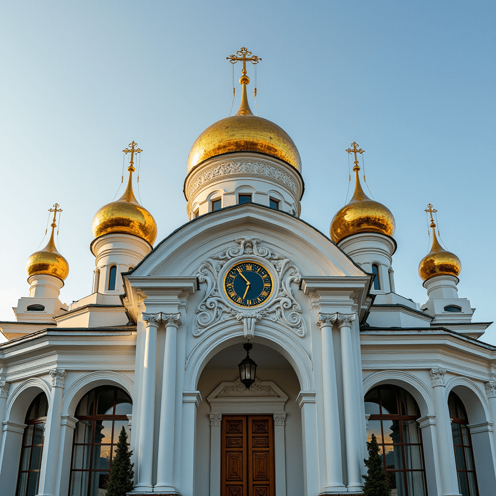 A beautiful church with five golden domes shining in the evening light against a clear sky.