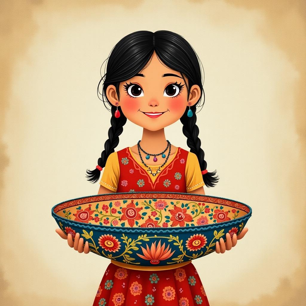 Girl standing and holding a decorative dish. Colorful dress with intricate patterns. Textile medium with vibrancy.