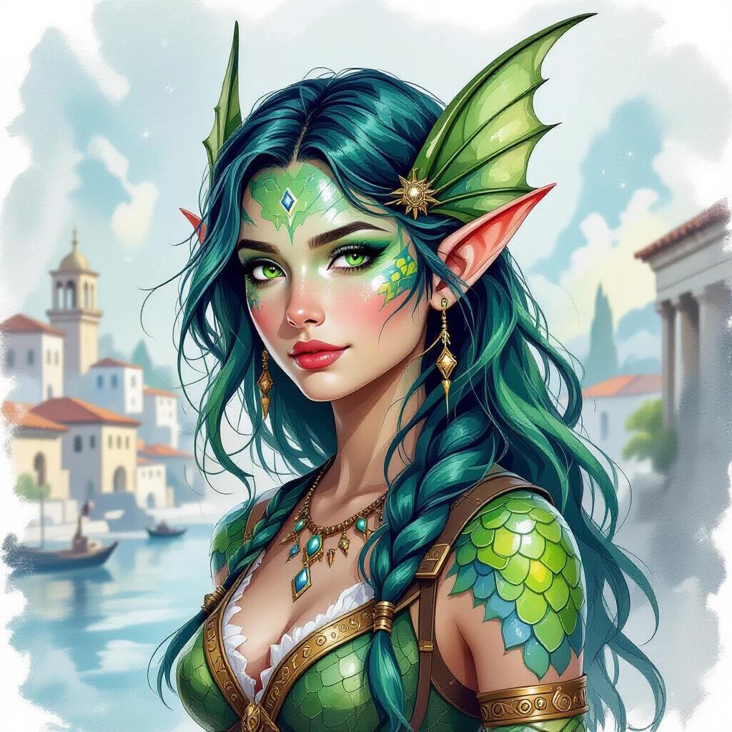 A candid portrait of a late teenaged Triton fish-person female. Sharp finned ears and green-blue coloured scaled skin. Fins and Ancient-Grecian-Fantasy clothing. Wielding a magic black stone casting constellations when light shines through. Long green-blue slicked hair under a bright sky. Background of an ancient Greek port city.