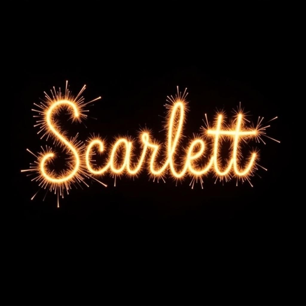 The image features the name 'Scarlett' beautifully written in swirly gold letters created by a sparkler. The background is black, highlighting the bright, glowing effect of the sparkler. The letters have a whimsical and festive feel, making it suitable for celebration themes. The sparks radiate outward from the text, adding a dynamic element to the composition. This artistic representation creates an inviting and cheerful vibe, ideal for invitations or themed parties.