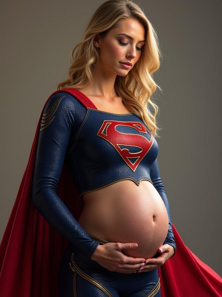 A woman poses wearing a Supergirl costume. The costume is blue with a red cape and the Supergirl logo is prominently displayed. The woman is pregnant and is holding her belly gently.