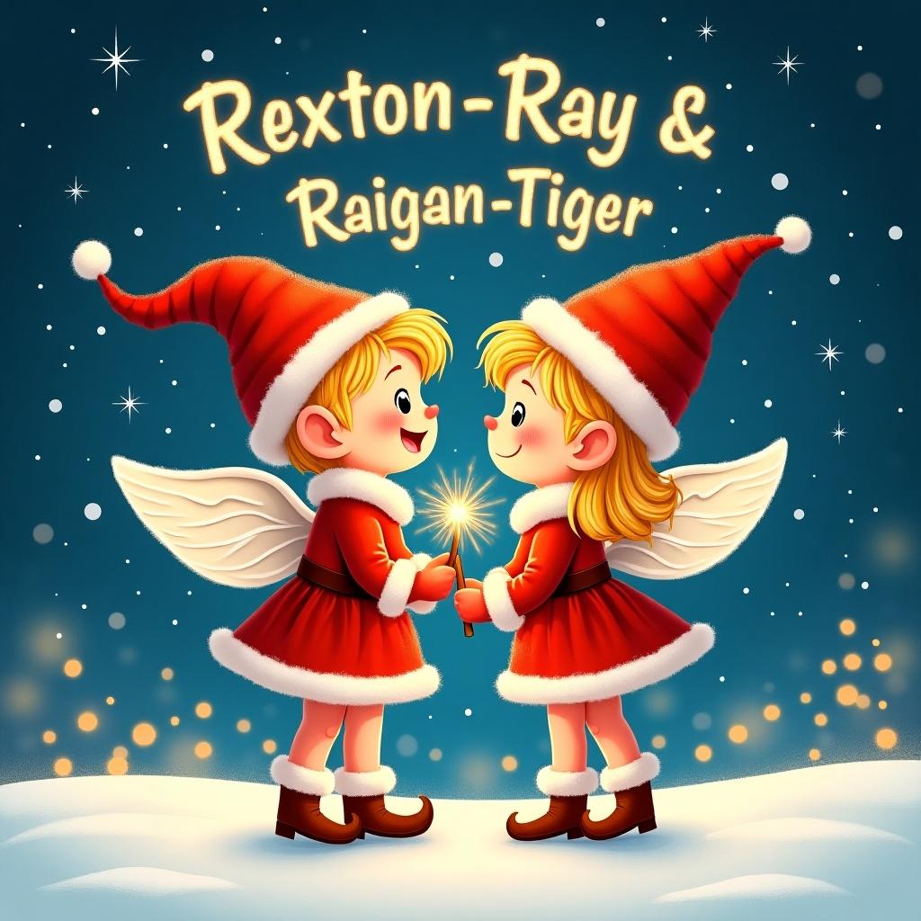 Charming festive illustration. Pixie theme with twin children. A boy and a girl aged 3 with blonde hair. Classic elf costumes in red outfits. Magical night sky with names Rexton-Ray and Raigan-Tiger in sparkling light. Wintery background with snowflakes and lights. Joyful and playful holiday atmosphere.