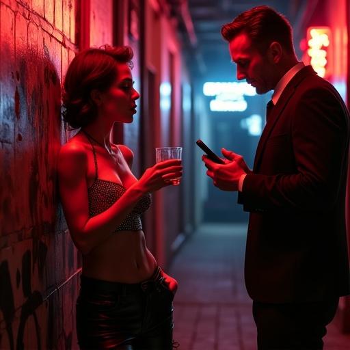 A sultry, dimly lit alley illustrates an encounter in the Red Light District. An androgynous ladyboy in a sequined crop top leans against a wall. She holds a glass of amber liquid, gazing at a well-dressed man. The man appears reserved, contrasting with the neon glow around him. A shadowy backdrop reflects their connection amid the atmosphere charged with tension.