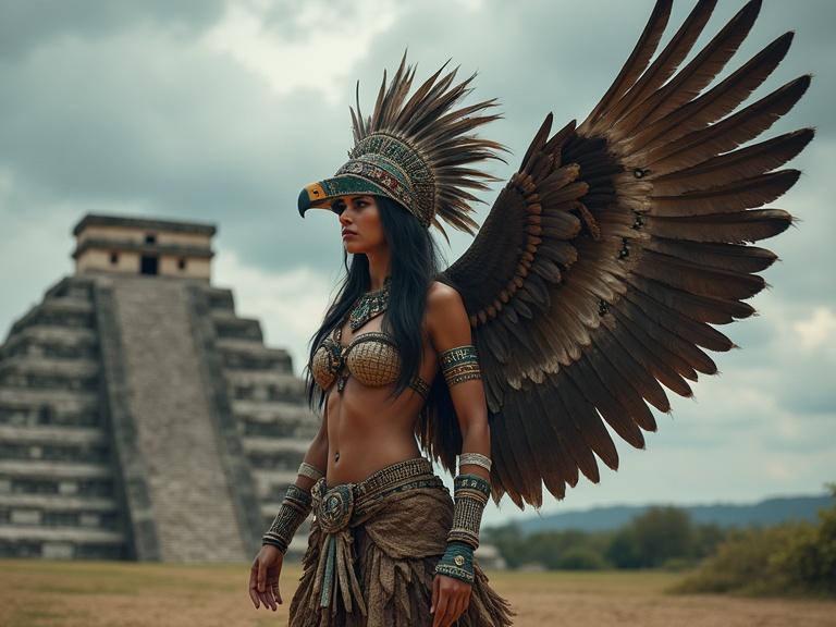 Powerful female Maya warrior priestess representing eagle spirit. She wears arm plumes shaped like wings, a battle skirt, and war paint with flight symbols. Headdress features feathers and bones. Upright and regal stance, piercing eyes. Background shows high Maya temple and stormy sky, wind lifting feathers.