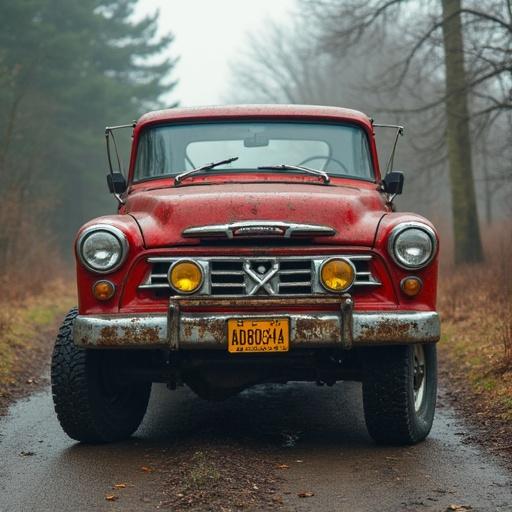Photograph of a vintage red truck on a misty road. The truck has yellow headlights and a state license plate. The truck appears rustic and well-maintained. The scene has soft light and tall trees in the background.