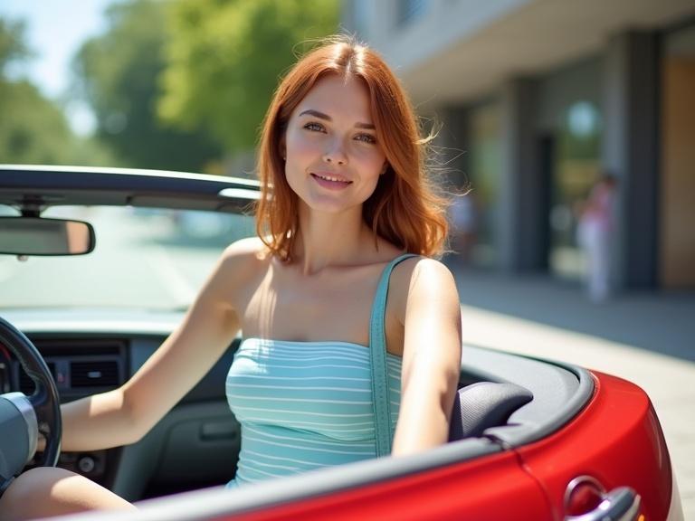 A young woman with reddish-brown hair is driving a red convertible. She has a pleasant expression. She wears a light-blue strapless top with white stripes and carries a teal shoulder bag. The background shows a city street on a sunny day.
