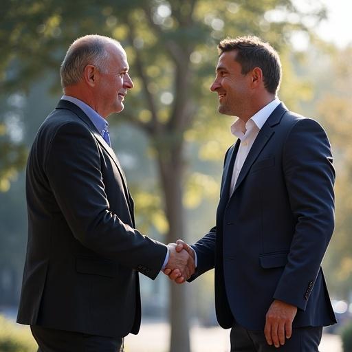 Two men shaking hands. Both men are dressed in formal business attire. One man has gray hair. The other has short dark hair. Warm daylight surrounds them. A blurred natural background adds depth.