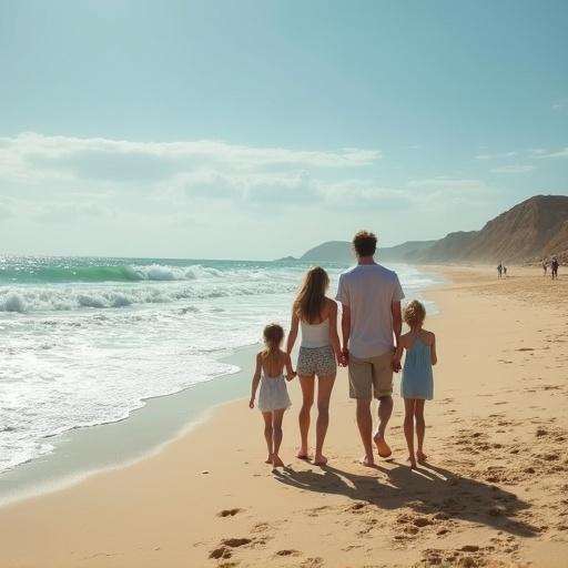 Realistic photo of a family walking on a beach in Cape Verde. Family includes two children and two parents. The beach is sunny with gentle waves and soft sand. Scenic cliffs in the background.