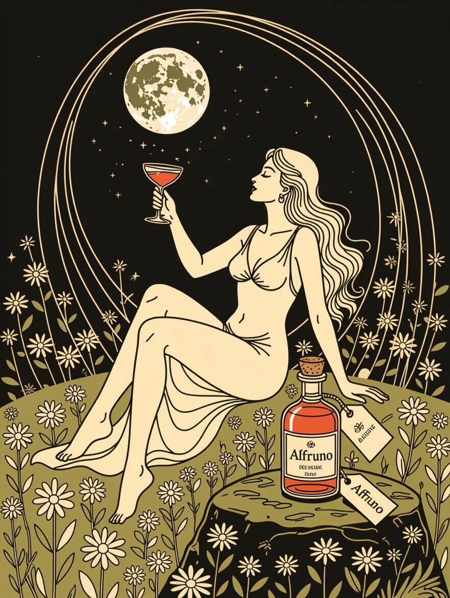 Minimalist line art drawing of a Venus goddess seated in a wildflower field. She offers a toast to the moon with a cocktail glass. An apothecary-style 'ALFRUNO' elixir bottle rests on a stone. Thick bold cream-white outlines on deep indigo background. Influenced by zen art and Aubrey Beardsley. Elegance and mystery in a simple scene.