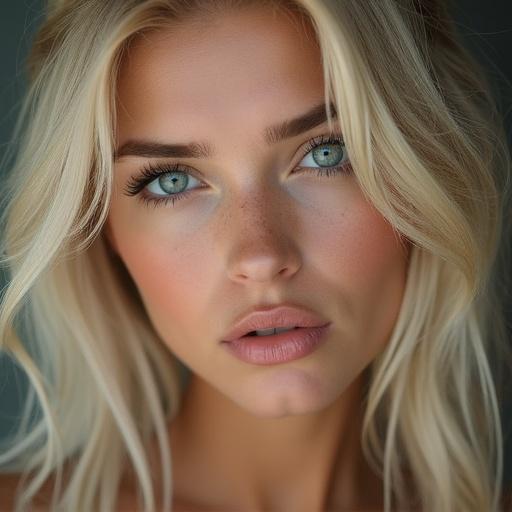 Close-up portrait of a beautiful blonde girl with blue eyes and soft features. Natural lighting enhances her beauty. Clean background focuses on her face.