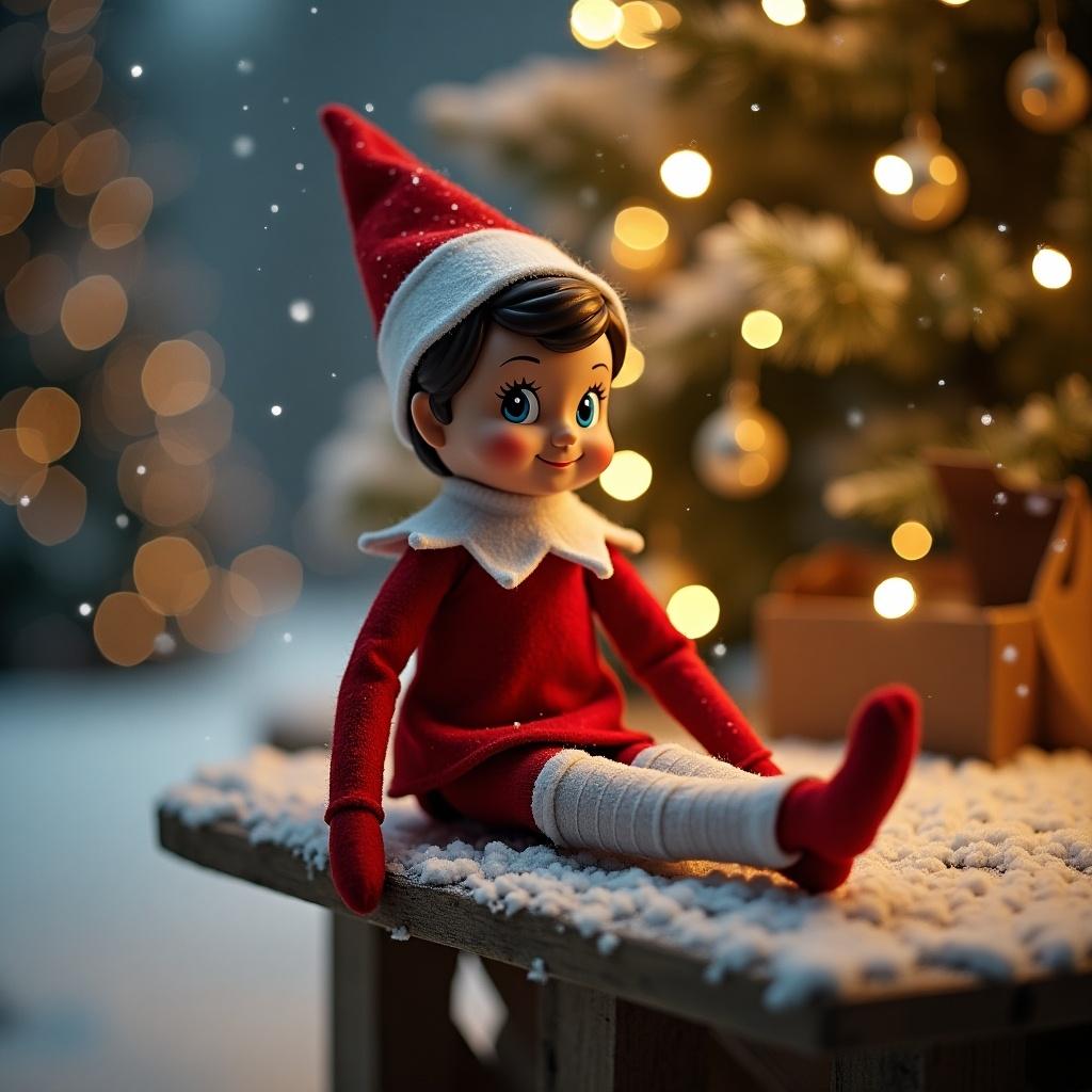 Brown girl elf on the shelf has a broken leg in a cast surrounded by snow and twinkling lights in the North Pole.