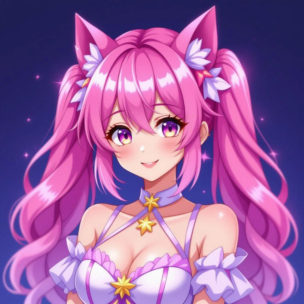 A beautiful digital artwork features an anime-style character. The character has pink twin ponytails, bright yellow eyes, and soft facial features. The dark background contrasts with the bright tones of the character, highlighting their presence. The overall atmosphere is vibrant and dreamlike, providing a relaxed and pleasing visual experience.
