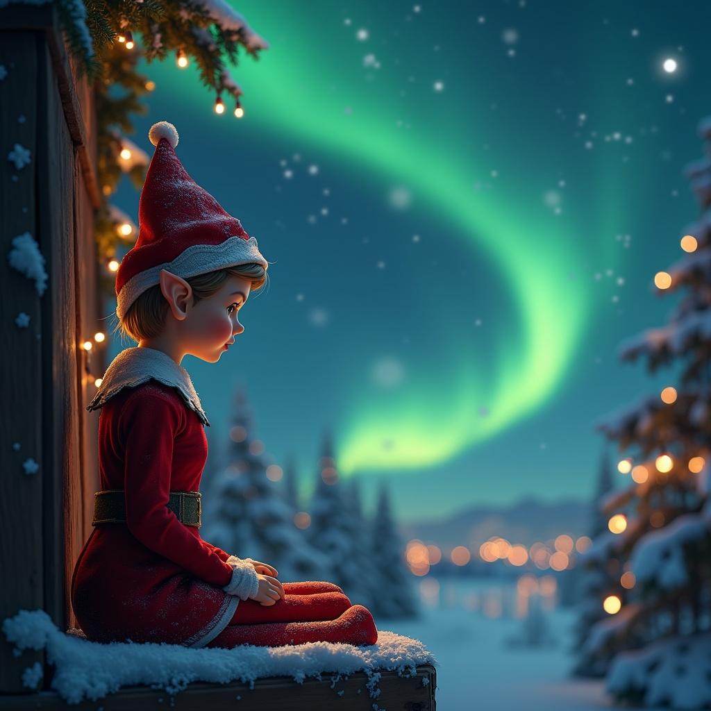 Female elf on the shelf sitting with back to the viewer, facing a beautiful sky with northern lights. Magical Christmas background.