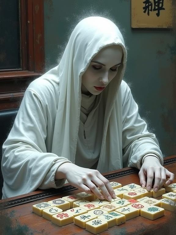 Ghostly figure in white attire playing Mahjong. Abstract style creates an ethereal atmosphere.
