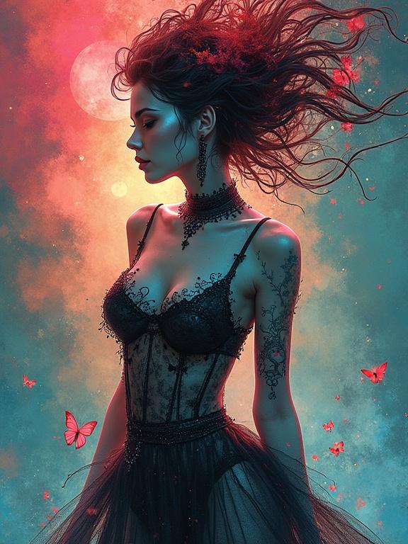 Woman in stylish outfit surrounded by butterflies. Hair flows dynamically. Cosmic and ethereal landscape in the background. Ink art style with vibrant colors and a dreamscape feel.