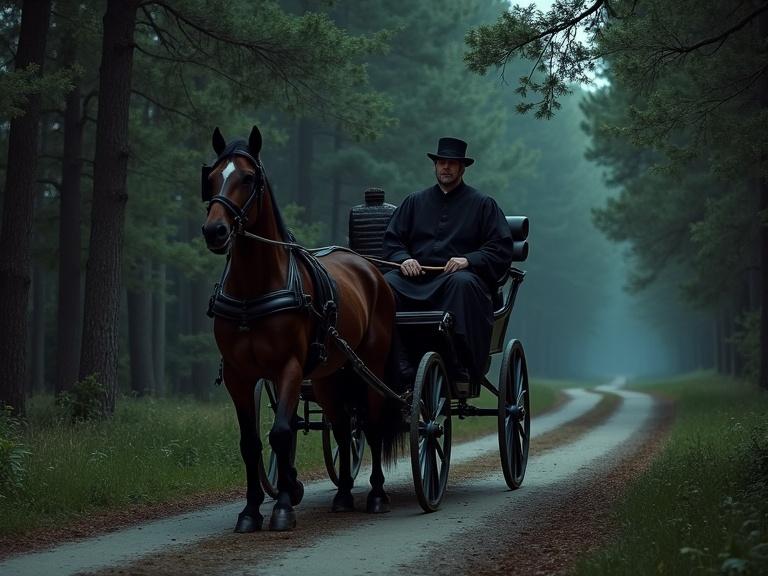 Horse-drawn carriage travels down a forest lane. Coachman in a cassock sits at the front. Judge with a hat sits behind holding a cane. Dark and atmospheric setting.