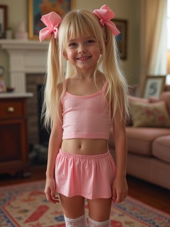 Young girl with long blonde hair styled in twin tails. She is wearing a pink crop top and micro skirt with pink bows. The setting is a cozy living room with a colorful rug and soft lighting. She has a cheerful smile and is posed standing, showcasing her outfit.