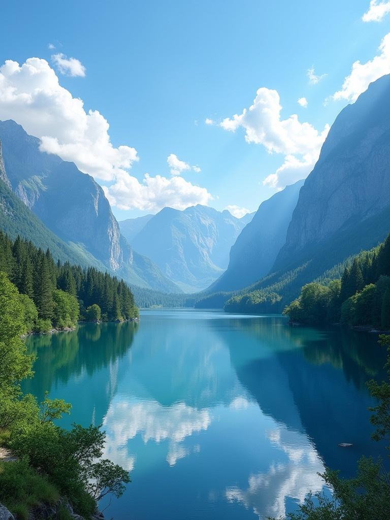 Breathtaking mountainous landscape with a serene lake in the center. Mountains and clear blue sky reflect on the lake's surface. Lush green forests border the lake. Atmosphere is peaceful and vibrant. Soft clouds float above.