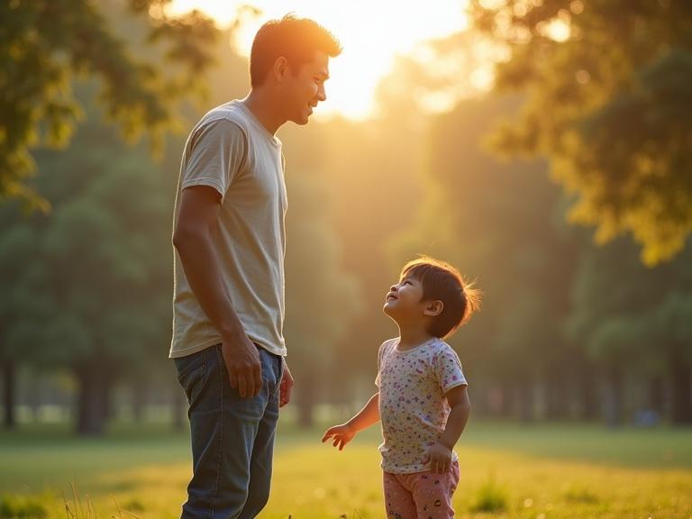 Park during the late afternoon with sunlight filtering through trees. Japanese father in casual clothing with child dressed in colorful play clothes. Child smiling and playing while father looks at child with kind eyes and then stares distantly with a slightly sad expression. Warm atmosphere, soft natural light, dramatic lighting, shoulder shot focusing on father's expression.