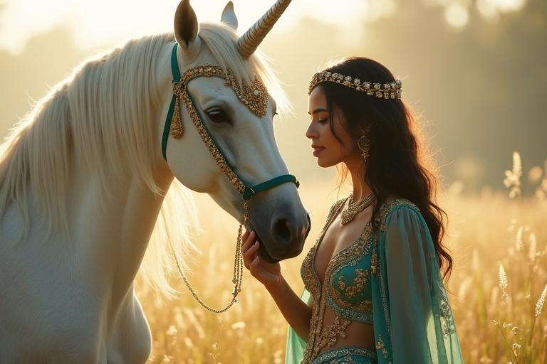 A magical scene in a grassland features a white-skinned Arabian princess and a unicorn. The princess gently touches the unicorn's muzzle. She wears a turquoise outfit with gold embroidery and sequins. The unicorn has a shimmering white coat and a glowing silver horn. Tender moment evokes connection. Golden sparkles float in the air. The lighting is soft and warm.