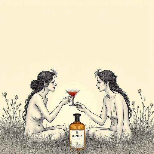 Minimalist line art drawing featuring two serene Venus goddesses. They are topless and seated in a field of wildflowers. They offer a toast with cocktail glasses. An apothecary-style bottle labeled 'ALFRUNO' glows softly beside them. Bold black outlines create contrast against a beige background, focusing on positive and negative space. Inspired by zen art with an emphasis on simplicity and elegance, creating a tranquil atmosphere.