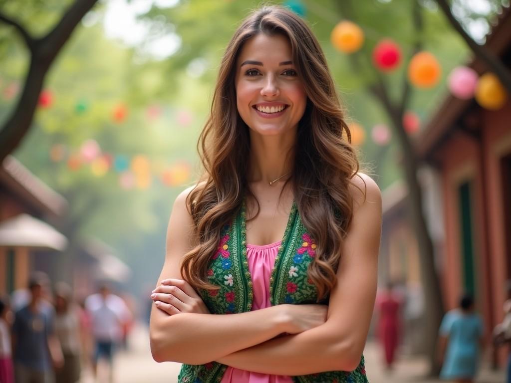 A woman with long, wavy hair stands outdoors, smiling while folding her arms. She is wearing a pink sleeveless dress and a green vest with intricate patterns. The background is softly blurred with what appears to be trees and colorful decorations, creating a vibrant atmosphere. Her pose and expression suggest she is happy and possibly participating in a festive or celebratory event. The lighting is soft, contributing to a cheerful and pleasant mood.