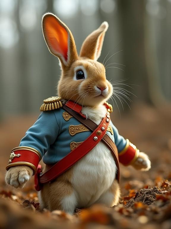 Napoleon as a bunny dressed in military attire walks with an entourage of bunnies in a foggy setting.