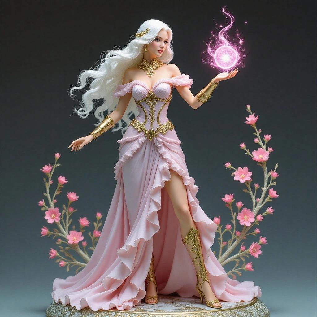 Highly detailed resin sculpture of a goddess inspired by Virgo. Woman with alabaster-white skin and white hair. Wearing a light pink princess dress with ruffles. Pose of a sorceress queen casting magic. Delicate flower crown and golden jewelry. Base made of flower petals.