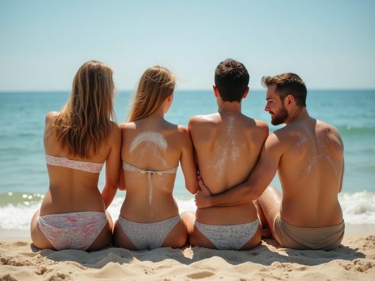 Two women and three men sitting at the beach applying sunscreen on each other.