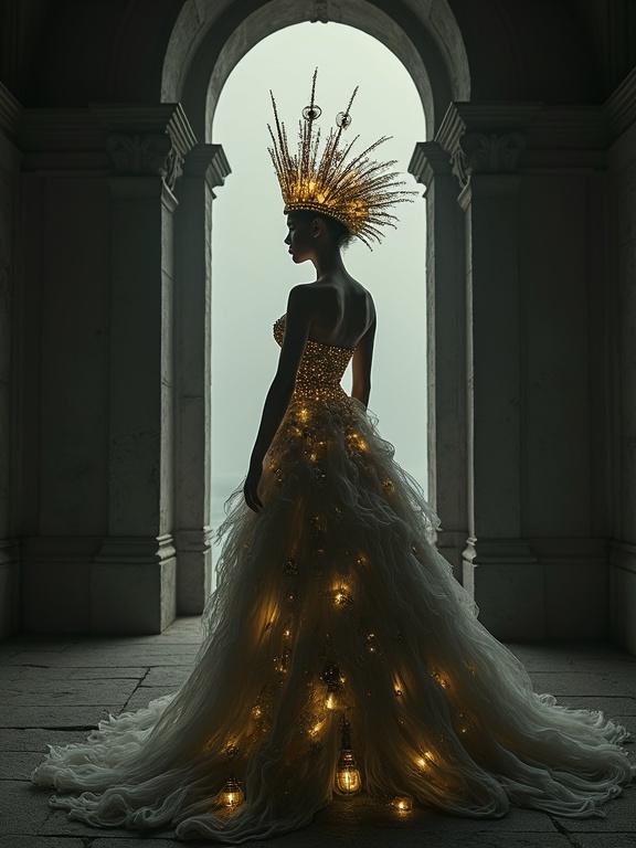 A regal woman stands inside a dimly lit setting. She wears a gown resembling flowing waves made of glass. Her head is adorned with a sculptural crown that glows. The scene conveys surreal elegance and dramatic lighting.