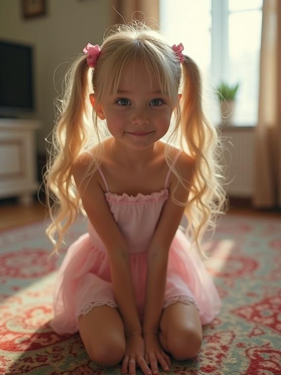 Child with long blonde hair styled in twin tails sits on a rug in a well-lit living room wearing a crop top and pink skirt. She has pink bows in her hair, knee-high socks with lace, and black shoes. Soft focus captured with a playful demeanor.